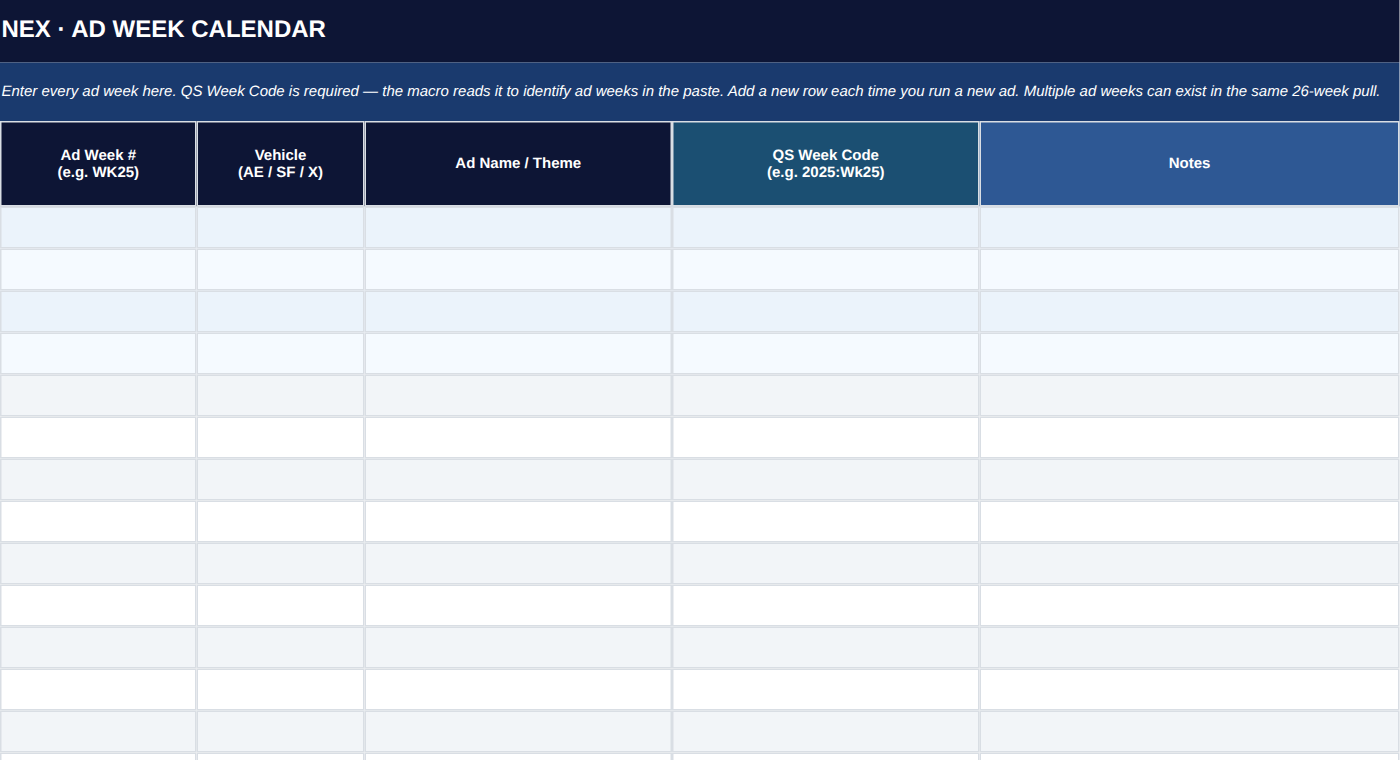 Ad Week Calendar tab with Ad Week, Vehicle, Ad Name / Theme, QS Week Code and Notes columns